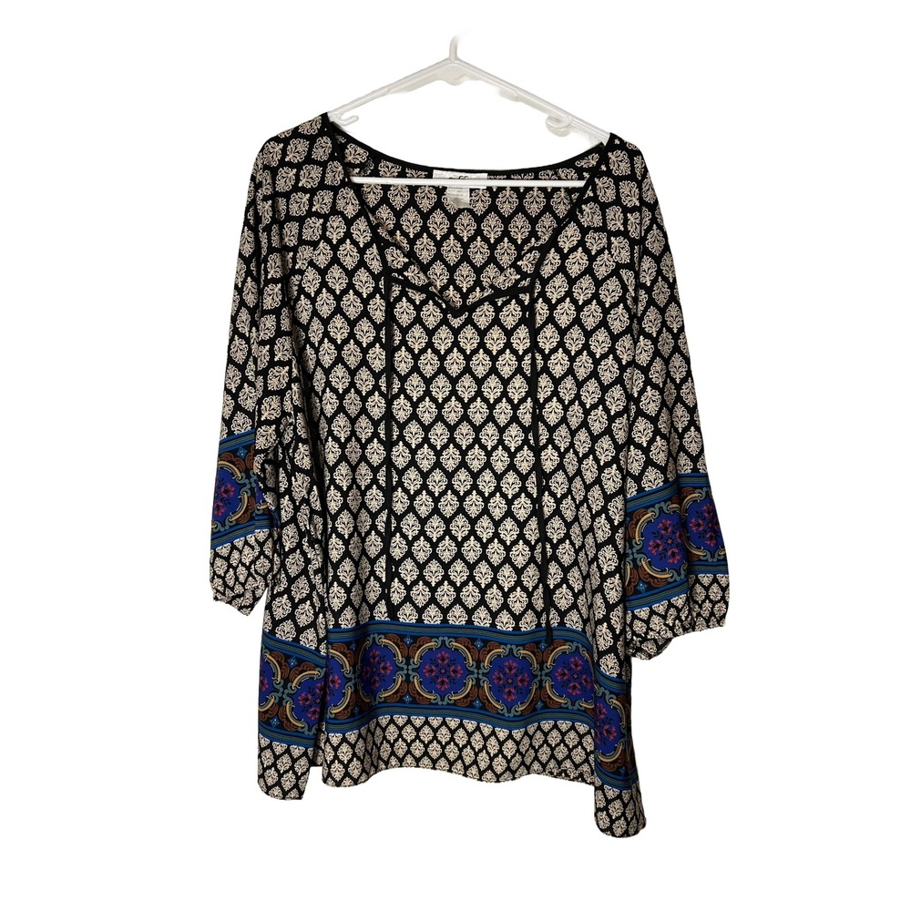 Moa Moa Woman Tunic Blouse Black Cream Blue Damask Medallion 1X USA Made Boho‎